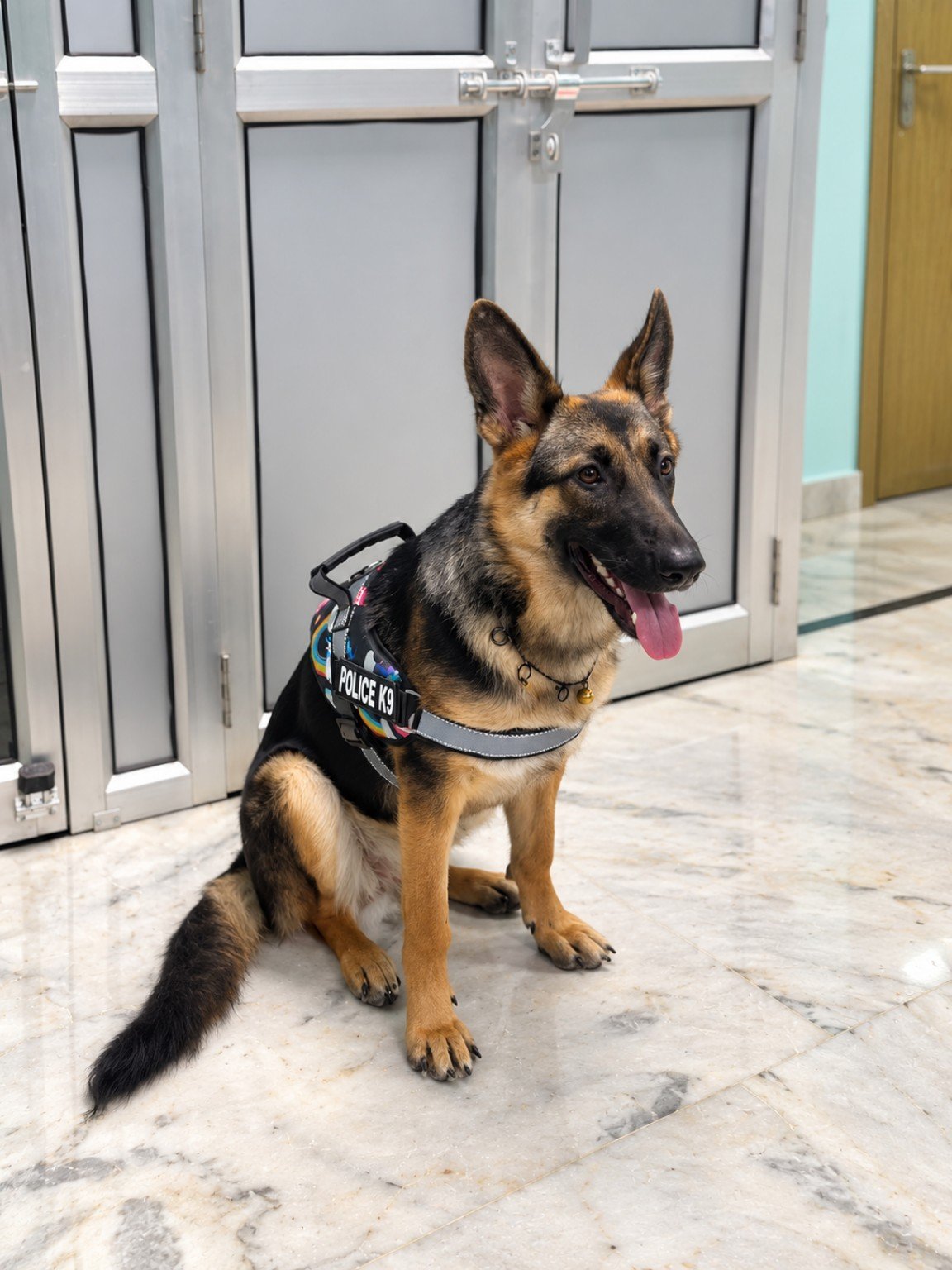 German Shepherd at the clinic entrance
